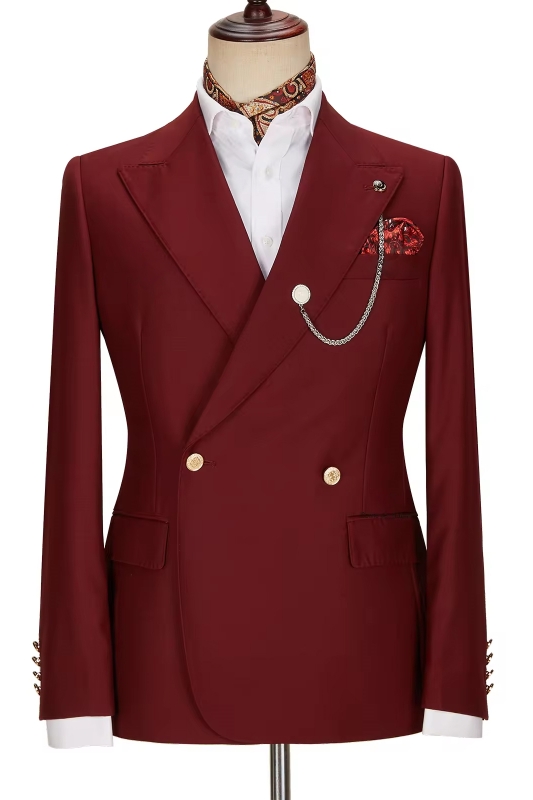 Charming Burgundy Peak Lapel Double-Breasted Gold Buttons Prom Suit