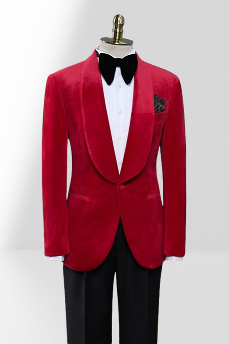 Red Velvet Shawl Collar Two-Piece Suit with Black Pants