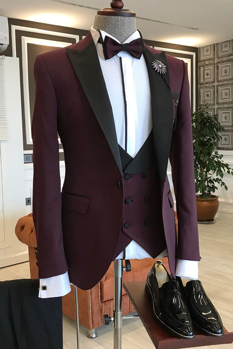 Kent Burgundy Three-Piece Black Point Lapel Double-Breasted Vest Suit