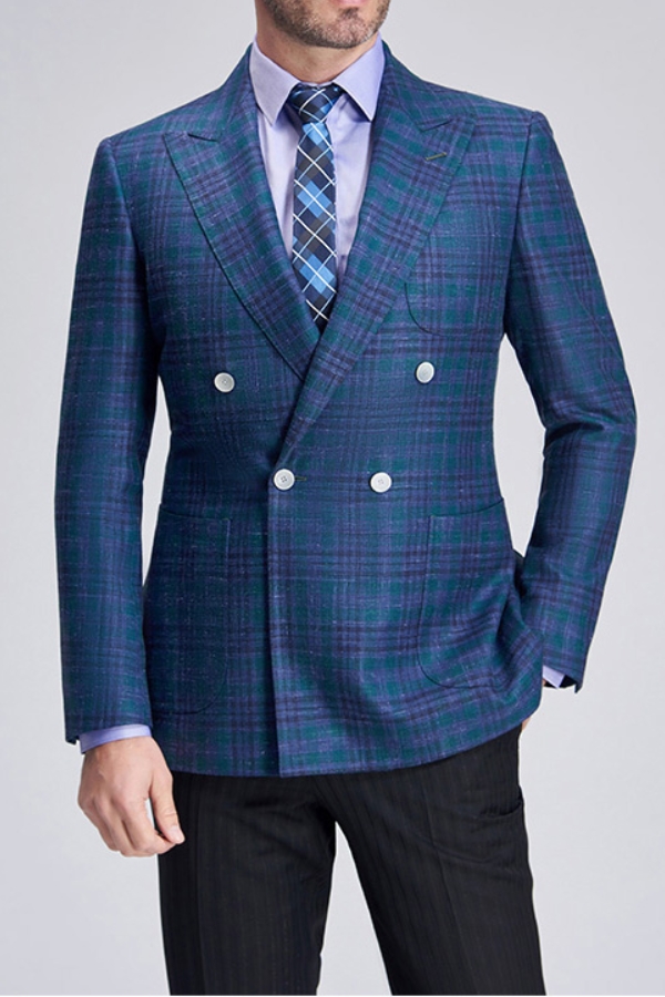 Formal Peak Lapel Check Double Breasted Blue Men Business Blazer