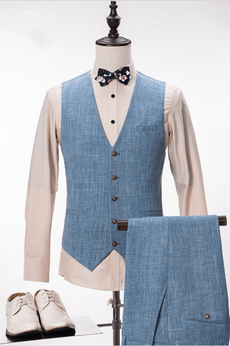 Stylish Blue Linen Wedding Suit Peak Lapel Summer Groom and Groomsmen Suit