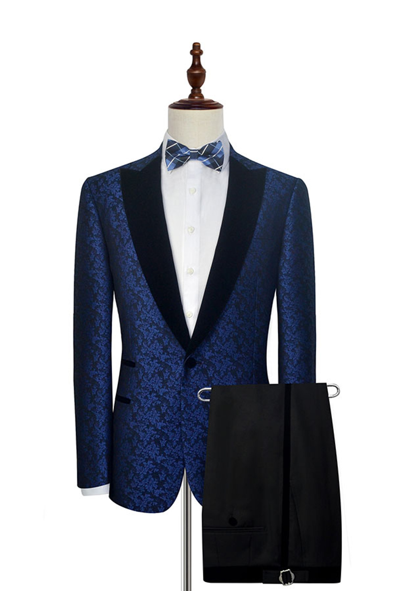 Blue Floral Tuxedo Black Velvet Point Collar Prom Suit
