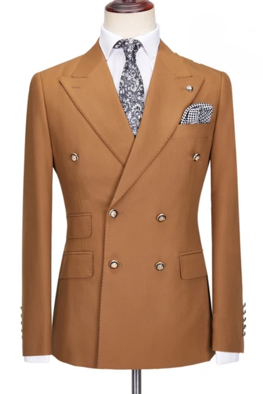 Dazzling British Style Brown Peak Lapel Double-Breasted Prom Suit
