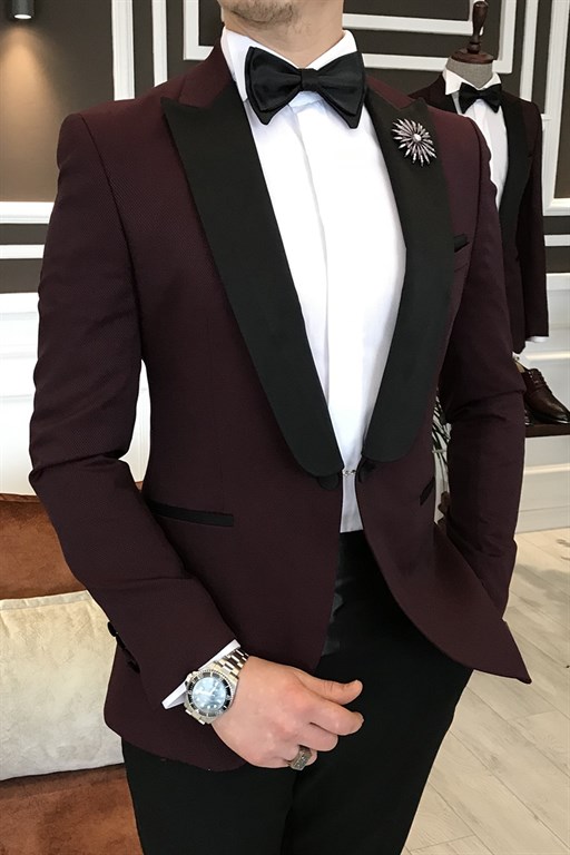 Jeffrey Burgundy with Black Peaked Lapel One-Button Formal Suit