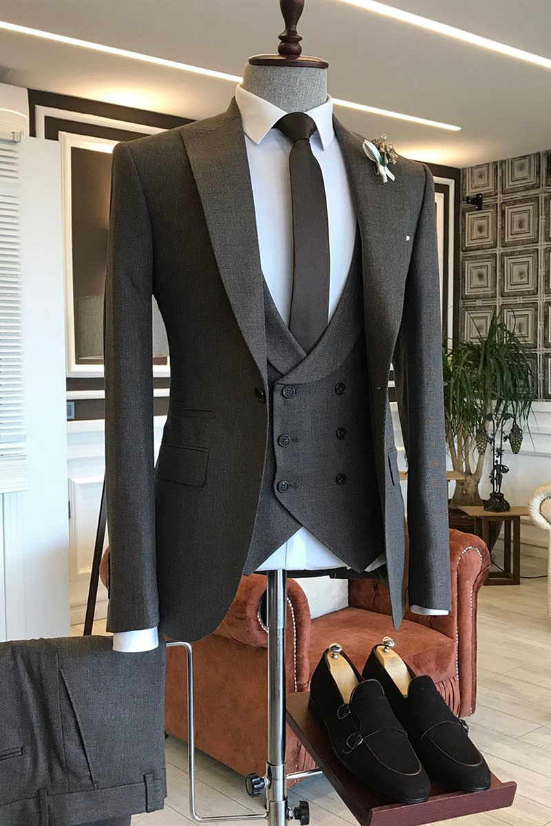 Ingram Trendy Dark Brown Three Piece Point Lapel Formal Suit