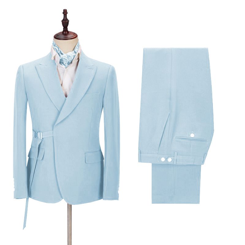 Justin Custom Sky Blue Pointed Lapel Men Suit With Adjustable Buckle