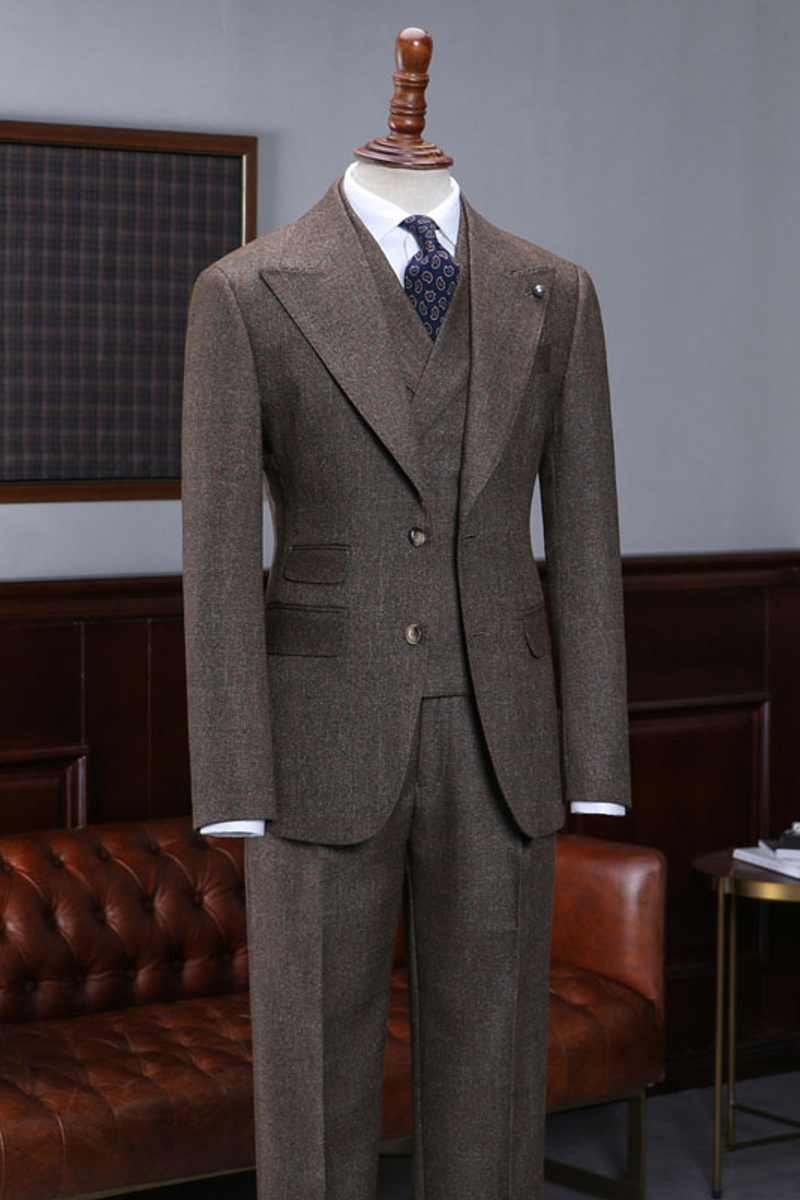 Andre Coffee Three-Piece Point Lapel Slim Fit Tailored Suit