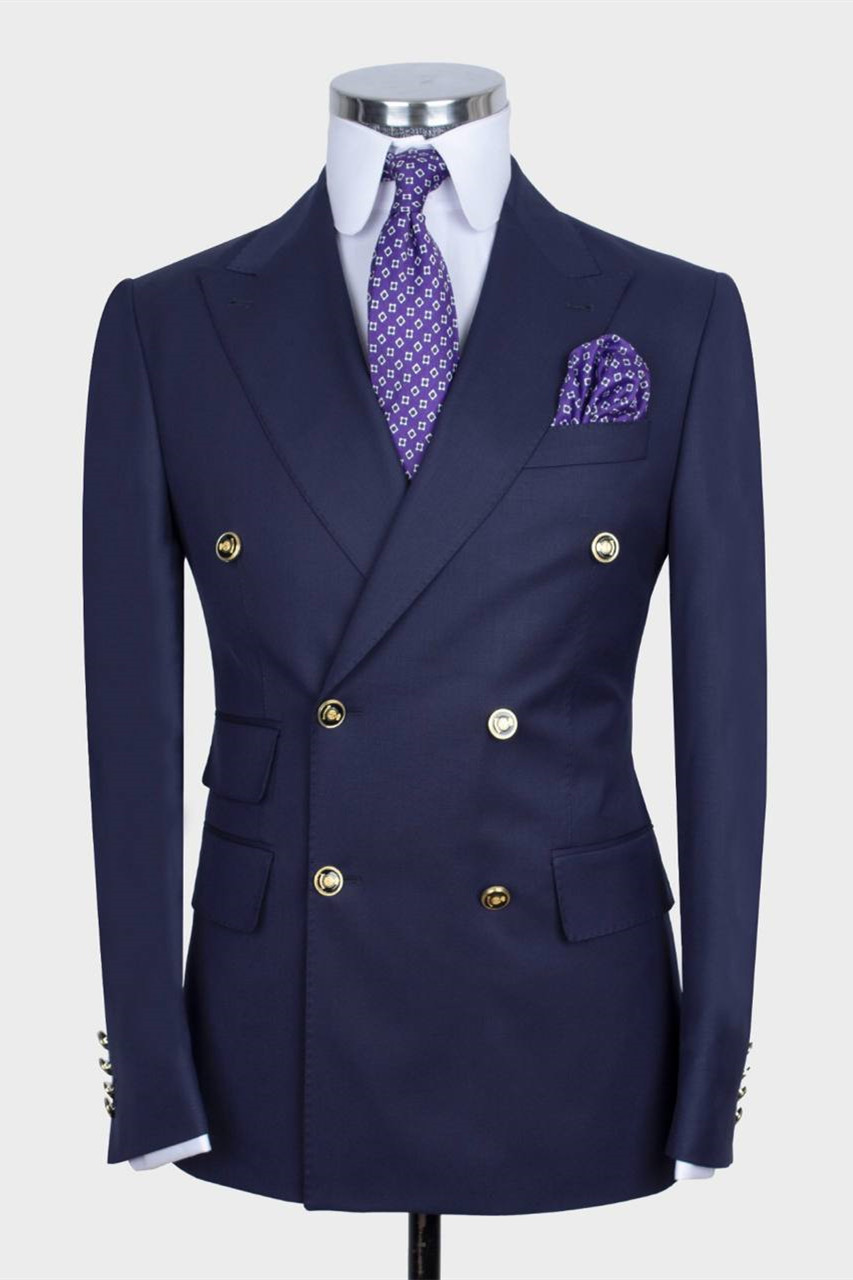 New Arrival Dark Blue Point Collar Double-Breasted Suit