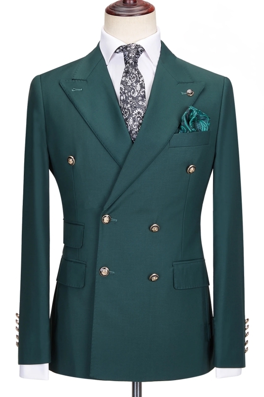 Elegant Dark Green Peak Lapel Double-Breasted Two-Piece Prom Suit