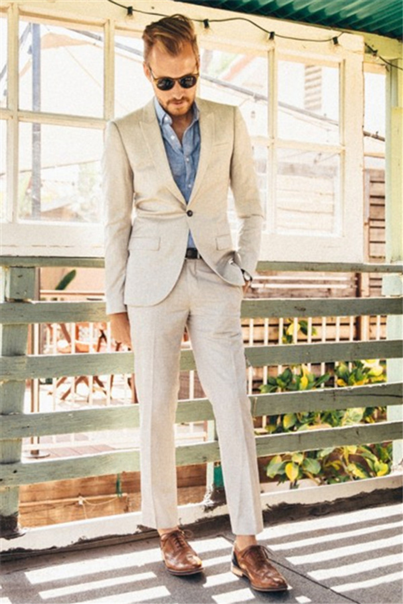 Ivory Linen Wedding Suit Two-Piece Slim Groom Prom Tuxedo