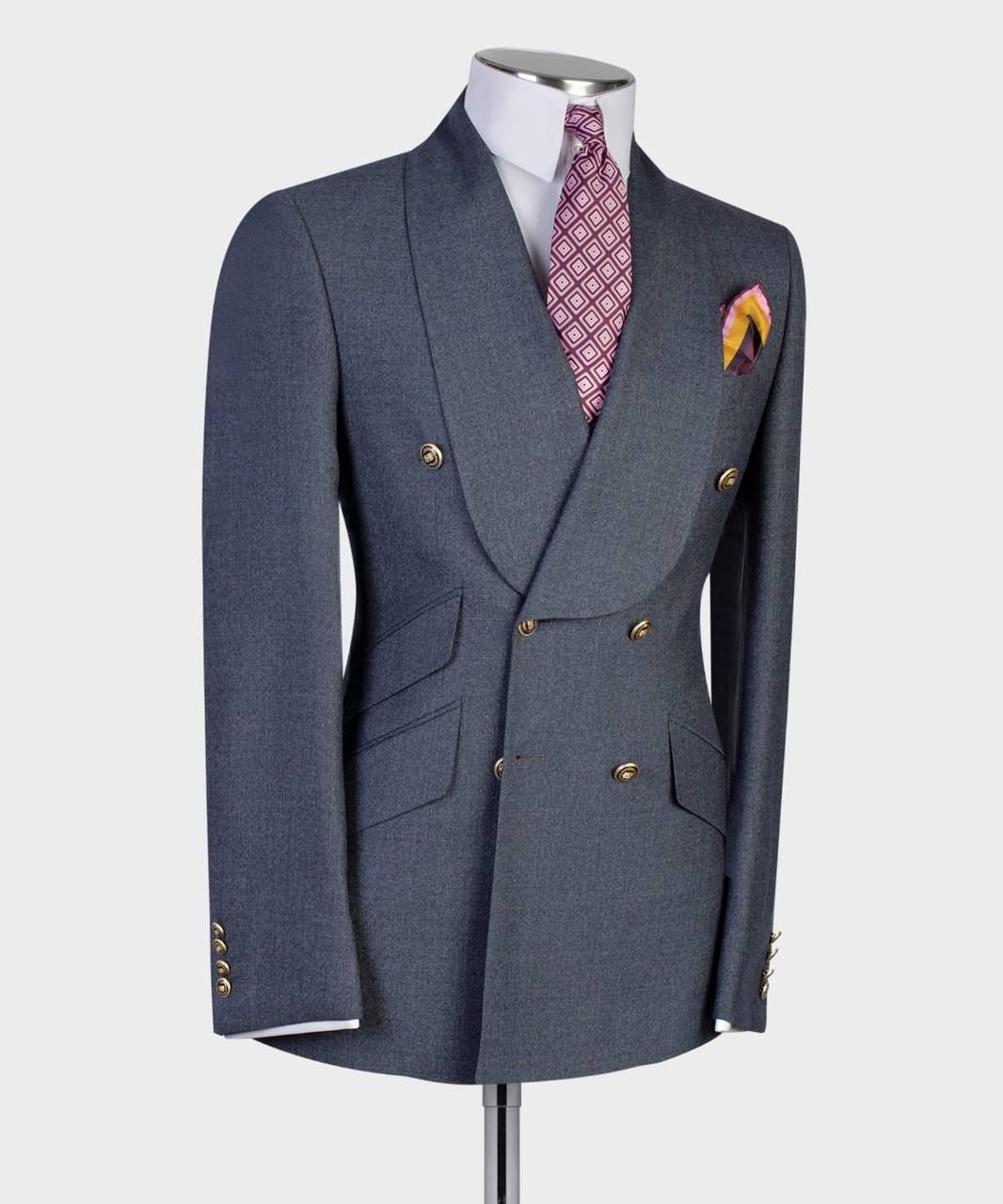 Dark Gray Shawl Lapel Double-Breasted Suit