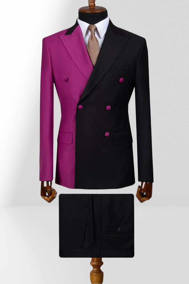 Purple and Black Double-Breasted Slim Fit Suits with Peak Collar