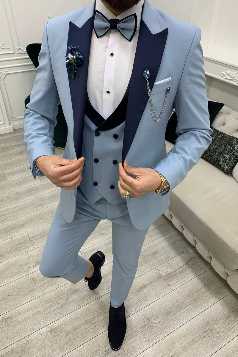 Modern Ice Blue Slim Peak Collar Three Piece Tuxedo