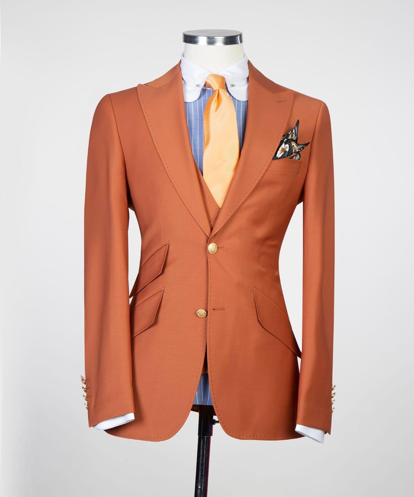 Orange Peaked Lapel Close Fitting Prom Men Suits