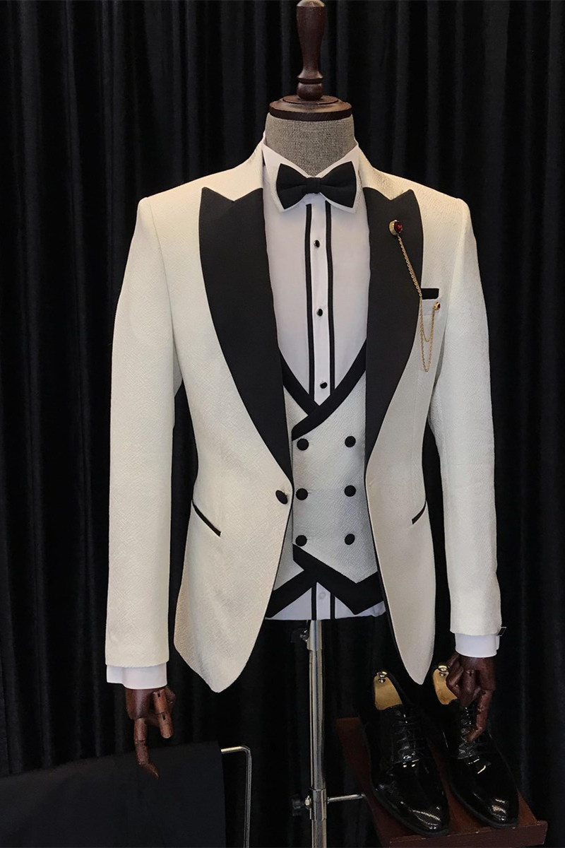 Anthony Stylish White Three-Piece Wedding Suit with Black Point Lapel