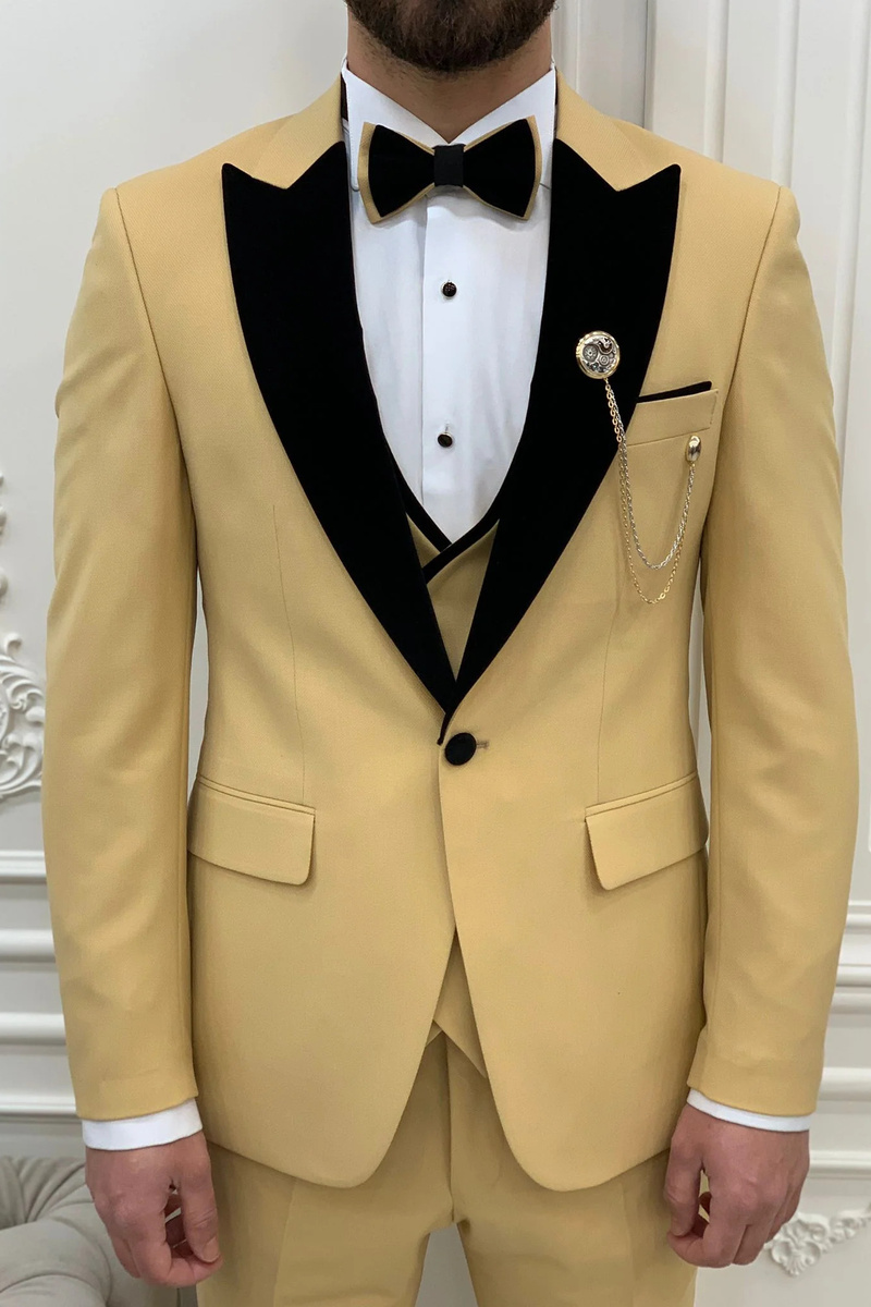 Modern Fashion Yellow Slim Fit Velvet Peak Collar Three Piece Tuxedo
