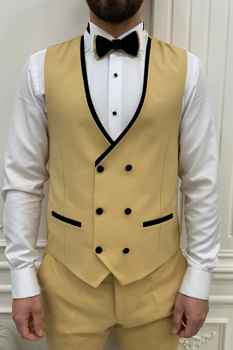 Modern Fashion Yellow Slim Fit Velvet Peak Collar Three Piece Tuxedo