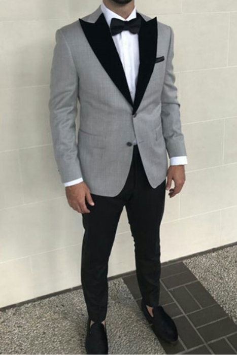 Formal Grey Slim Fit Business Suit with Black Pointed Lapel