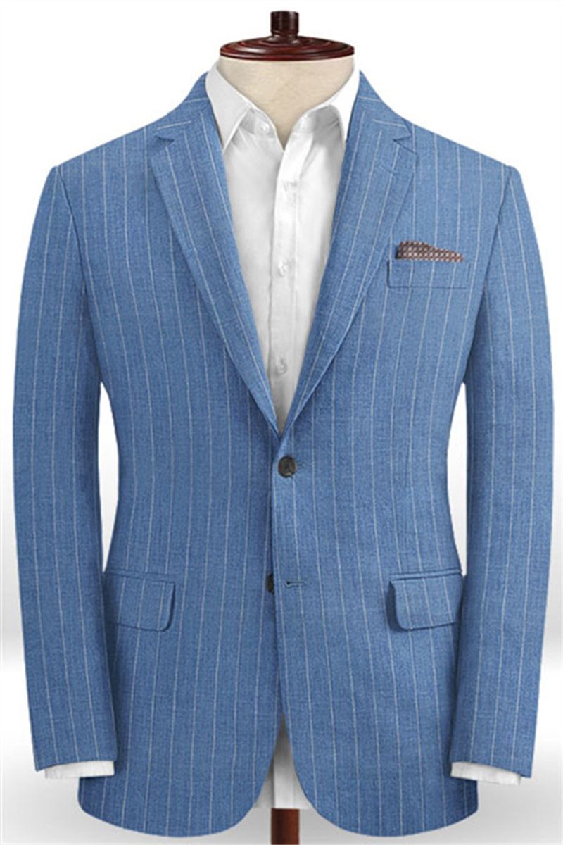 Ocean Blue Striped Prom Tuxedo Two-Piece Linen Suit
