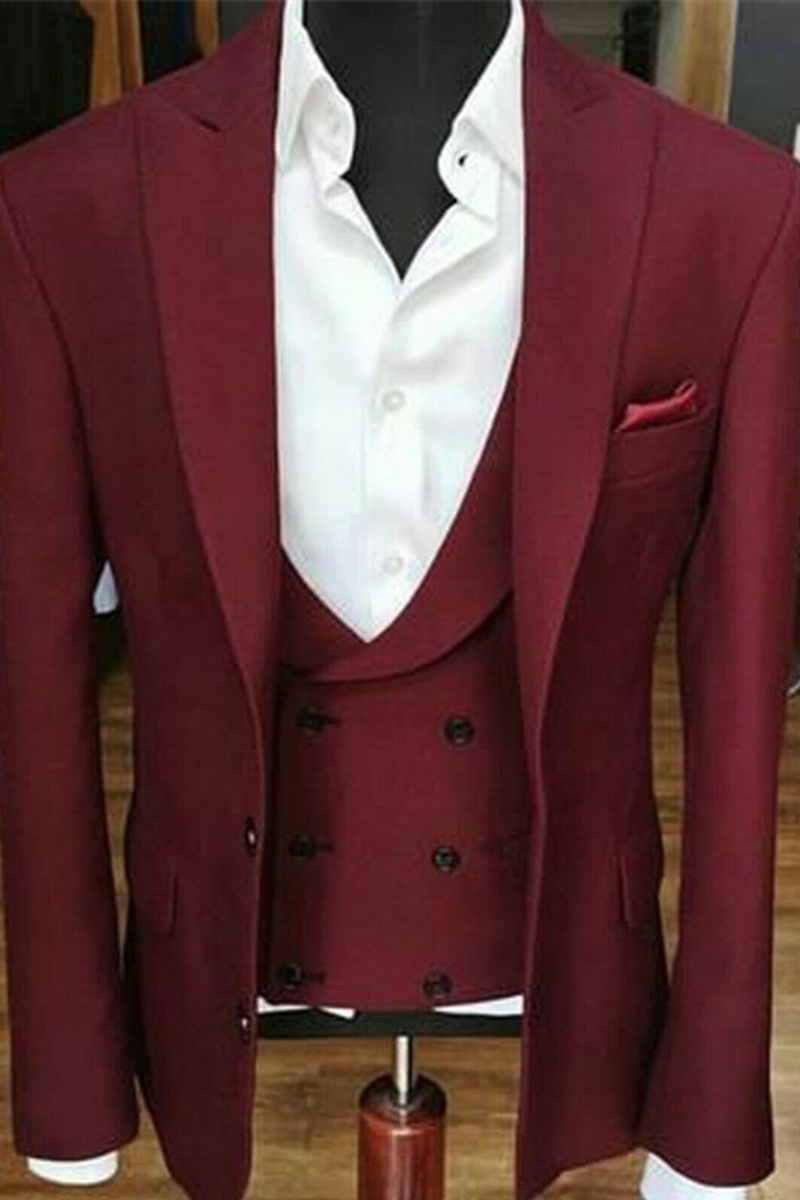 Ruby Peak Lapel Three-Piece Wedding Suit Prom Tuxedo