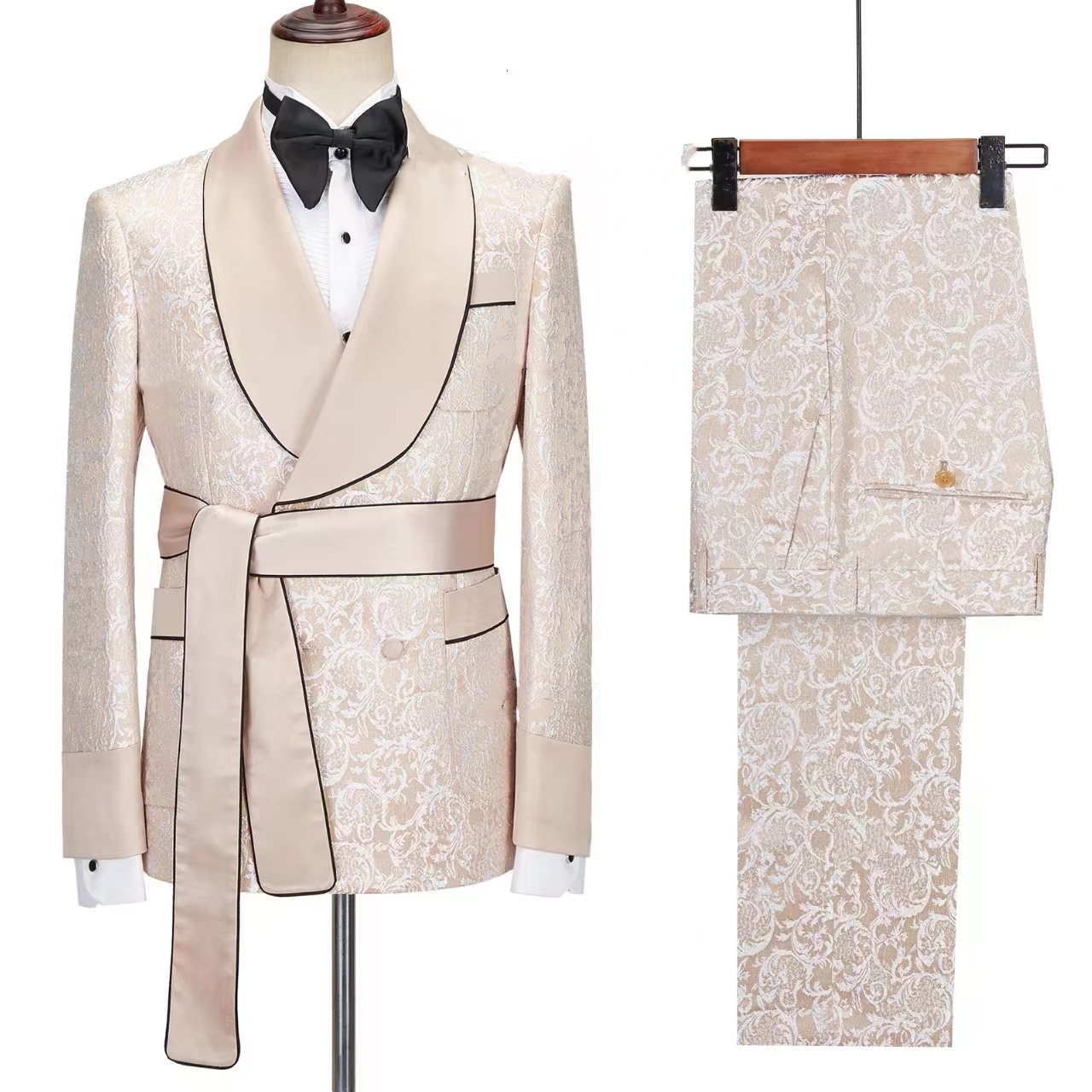 Elegant Beige Men's Robe Set with Shawl Collar Belted Party Suit