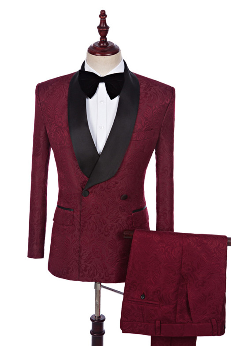 Richard Burgundy Jacquard Double-Breasted Wedding Suit