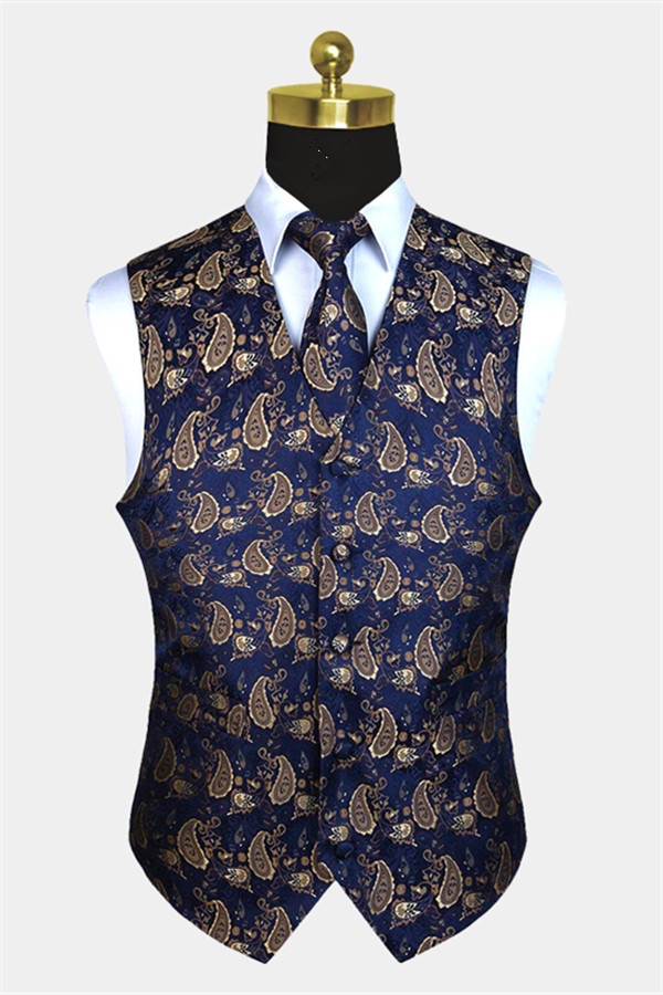 Blue And Tan Paisley Waistcoat Set For Men