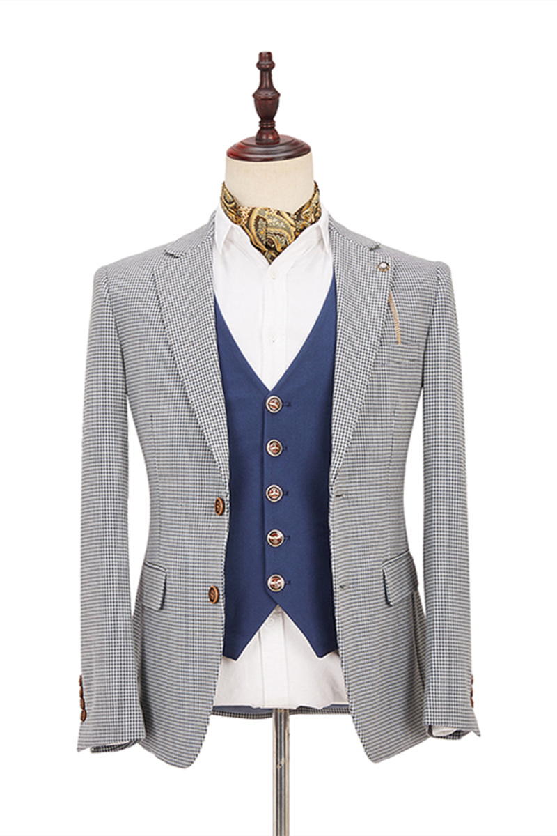 Black-and-White Plaid Slim Fit Three-Piece Suit with Denim Blue Waistcoat