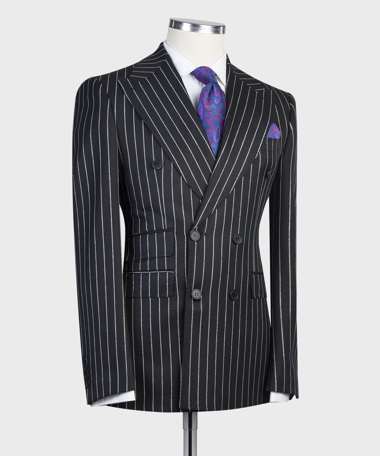Modern Black Striped Double-Breasted Point Collar Business Suit
