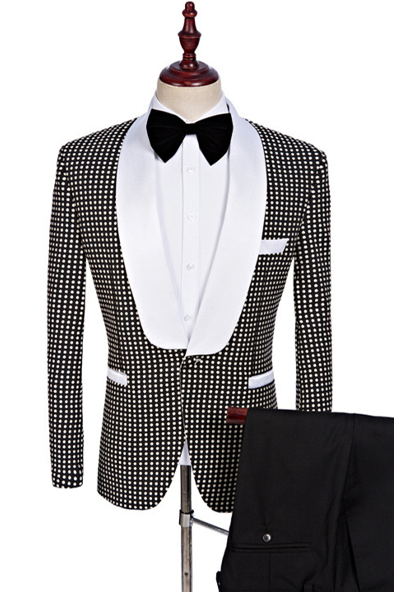 Black and White Shawl Lapel Wedding Suit Polka Dot Prom Tuxedo