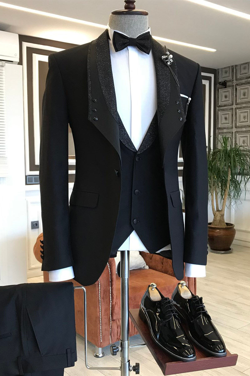 Felix Three-Piece All Black Shawl Lapel One-Button Groom Wedding Suit