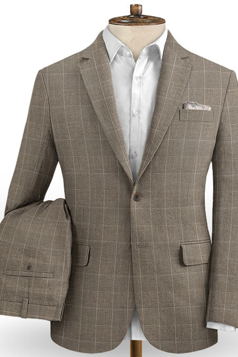 Formal Two-Piece Linen Camel Plaid Wedding Suit Luxury Prom Suit