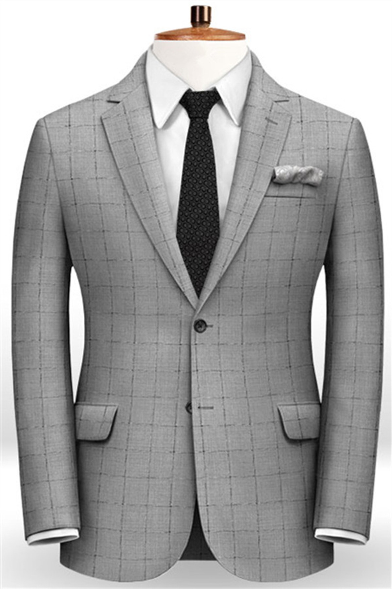 Grey Plaid Two-Piece Suit Slim Fit Tuxedo