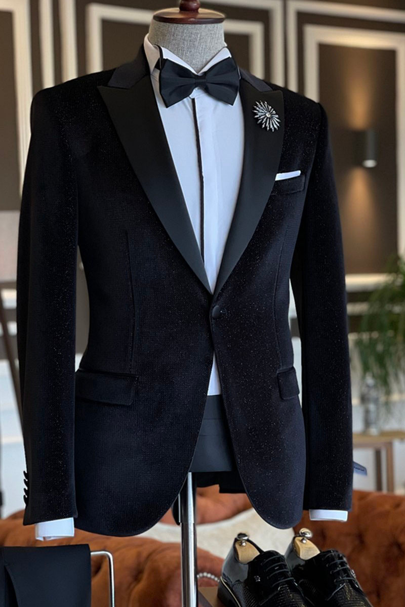 Roman All-Black Velvet Two-Piece Point Lapel Business Suit