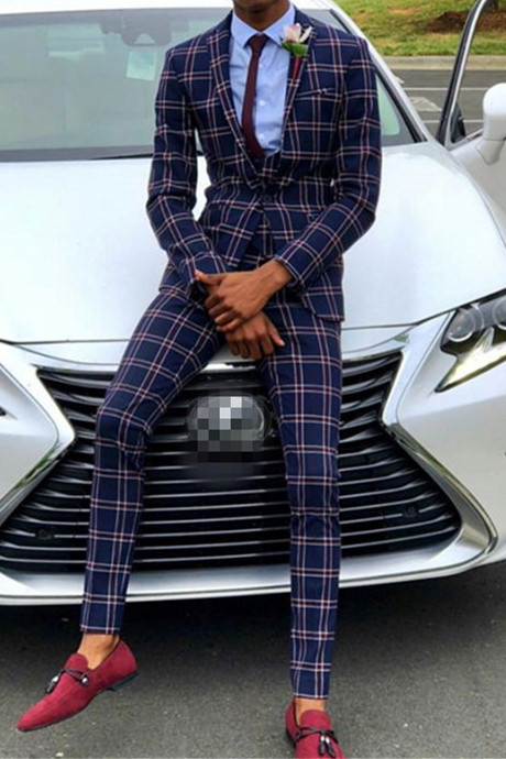 Dark Navy Business Suit Custom Plaid Prom Suit