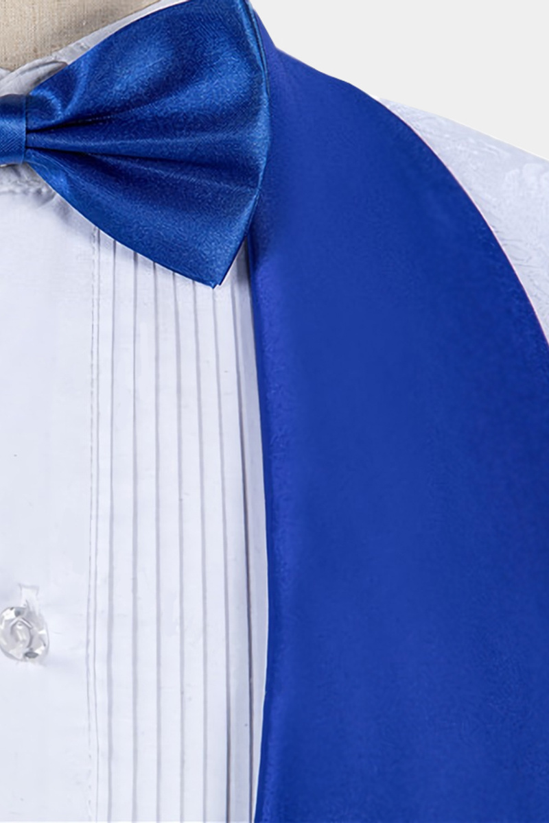 White Jacquard Tuxedo with Blue Shawl Lapel Three-Piece Set
