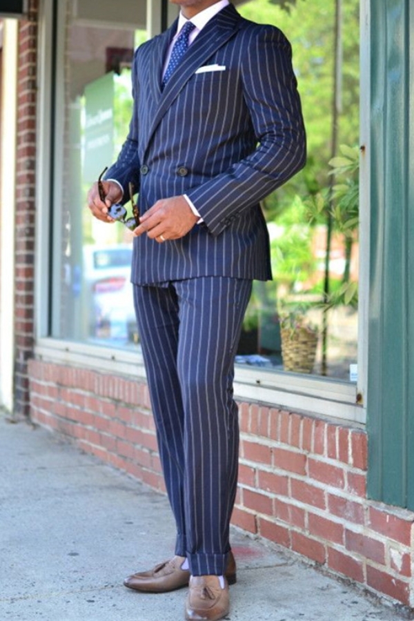 Adam Dark Blue Double-Breasted Italian Wool Striped Formal Business Suit