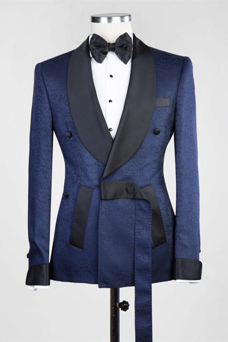 Cristopher Dark Blue Jacquard Shawl Lapel Wedding Suit