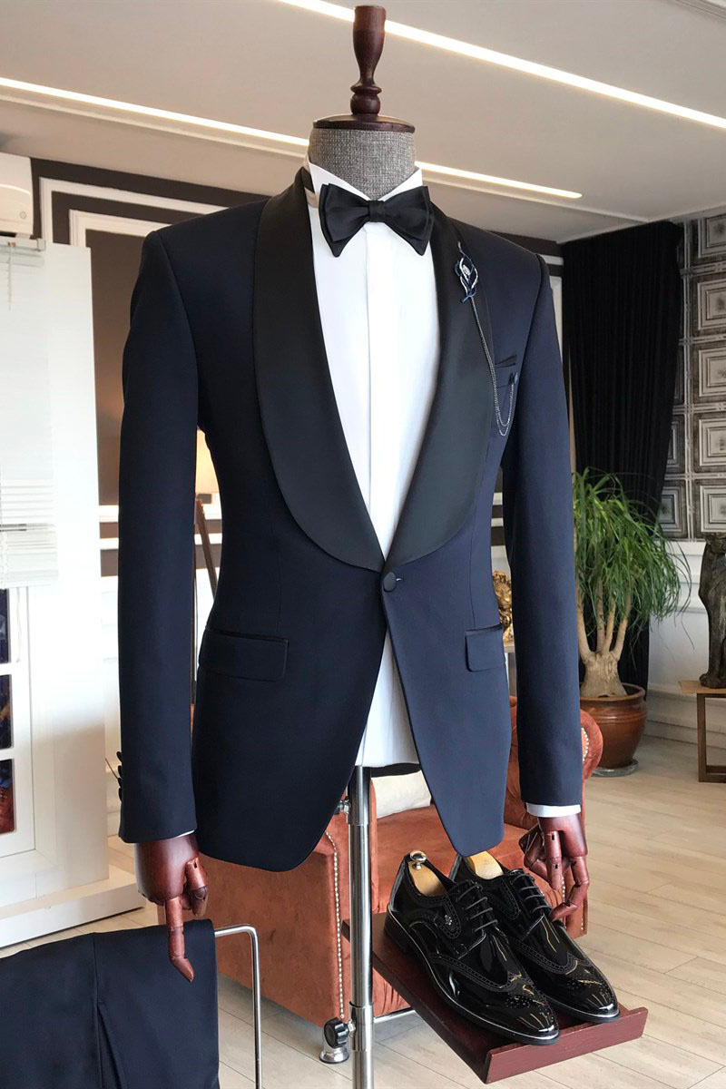 Fashion Shawl Lapel Three-Piece Navy Blue Slim Fit One-Button Wedding Suit