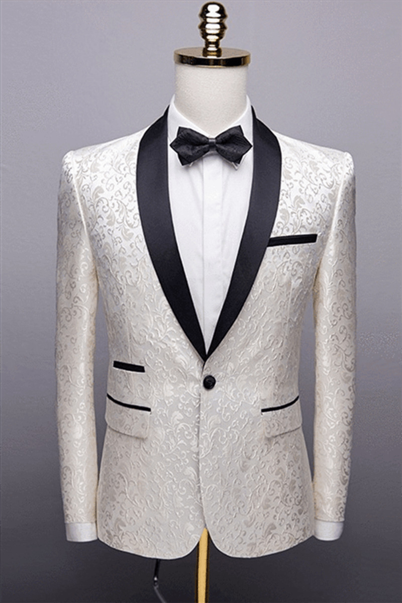 White Jacquard One-Button Wedding Tuxedo Black Shawl Lapel