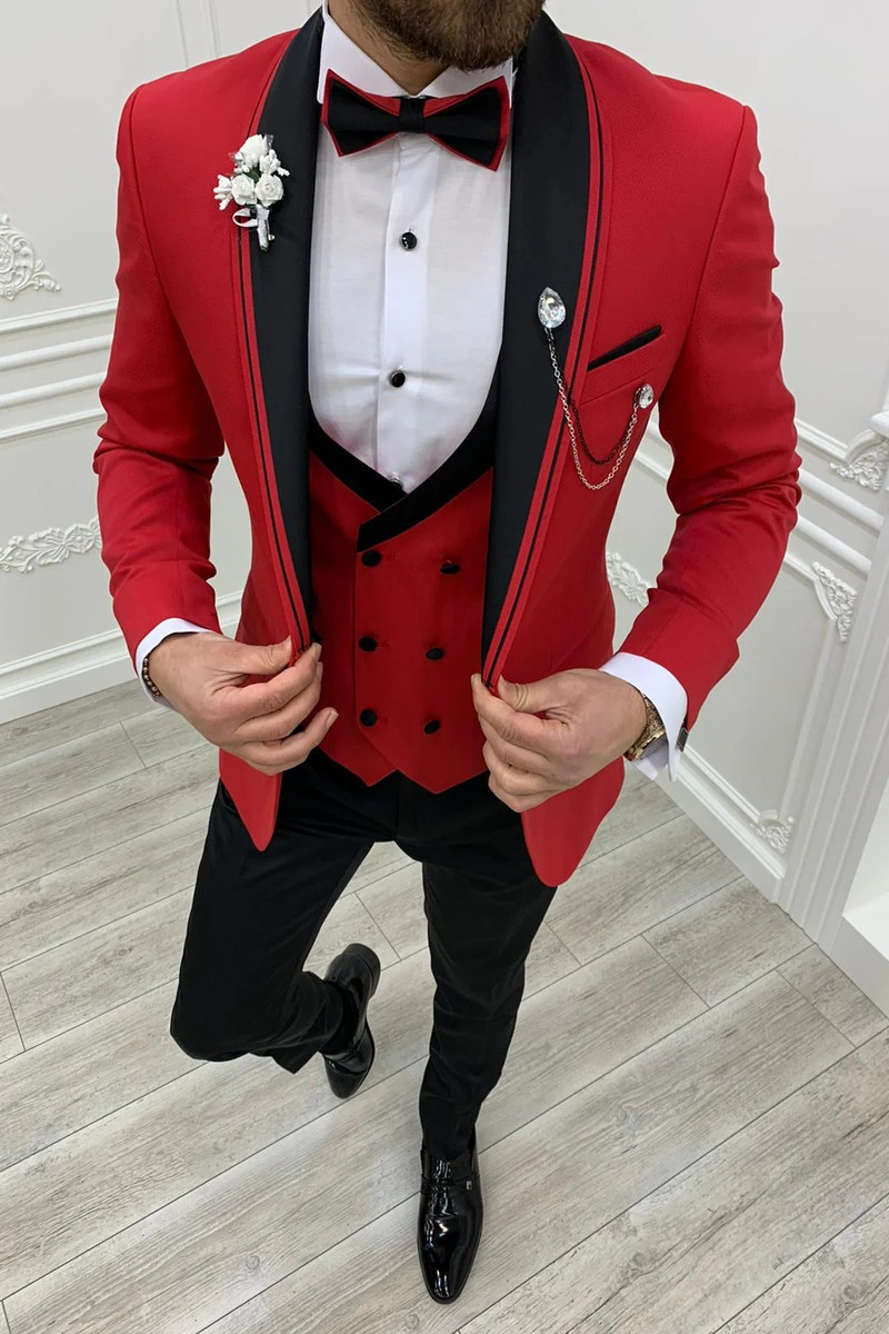 Italian Red Slim Fit Shawl Lapel Three-Piece Tuxedo