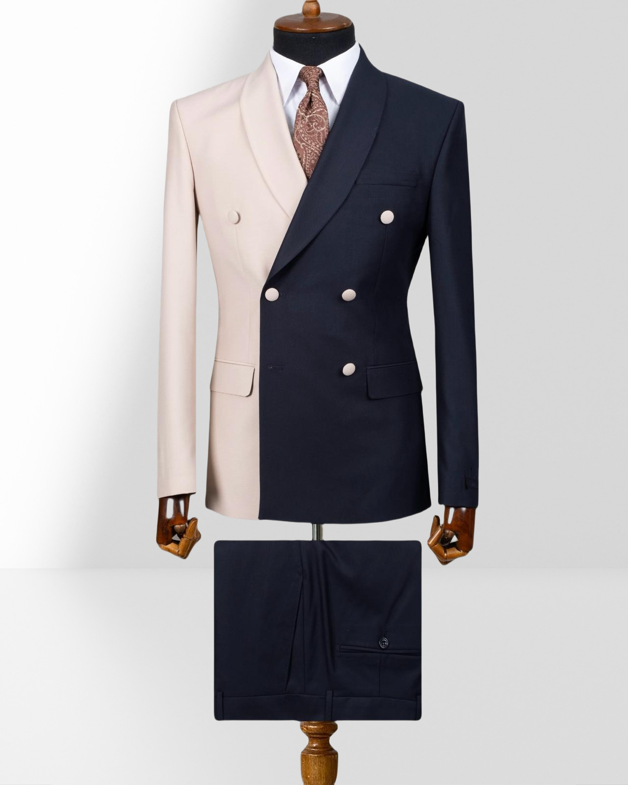 Light Pink and Black Double-Breasted Slim Fit Two-Piece Suit with Shawl Collar