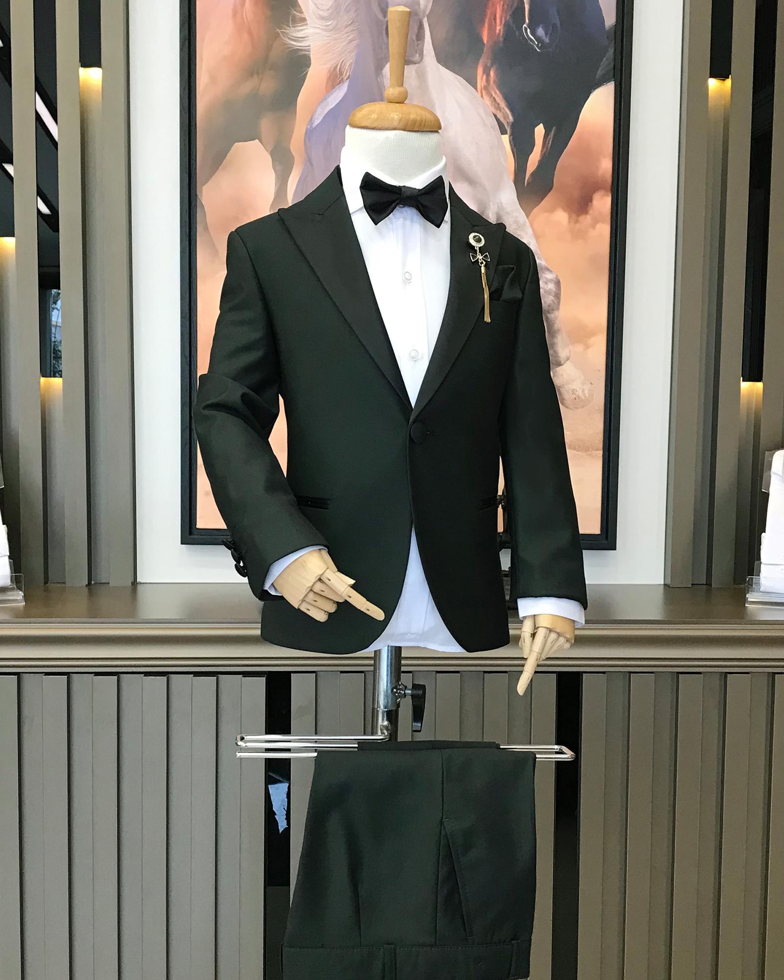 Dark Green Slim Fit Boys' Tuxedo Suit with Peak Collar