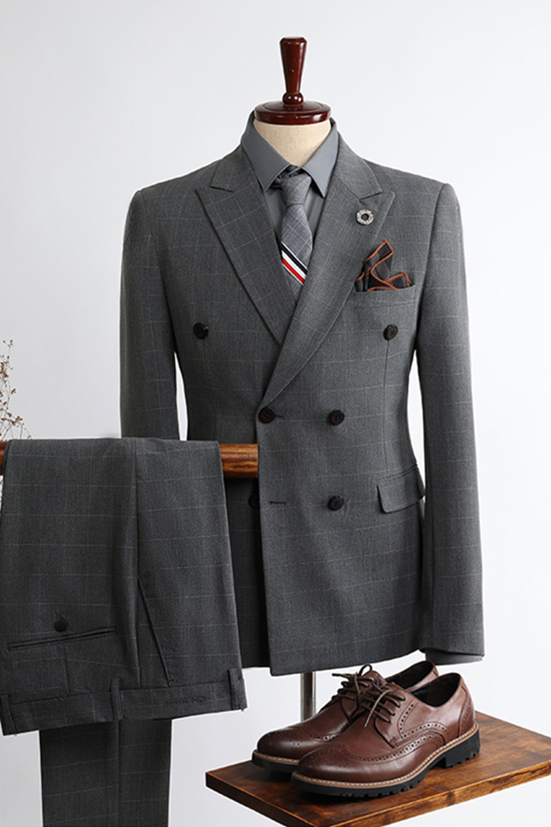Logan New Arrival Dark Grey Point Lapel Double-Breasted Plaid Suit