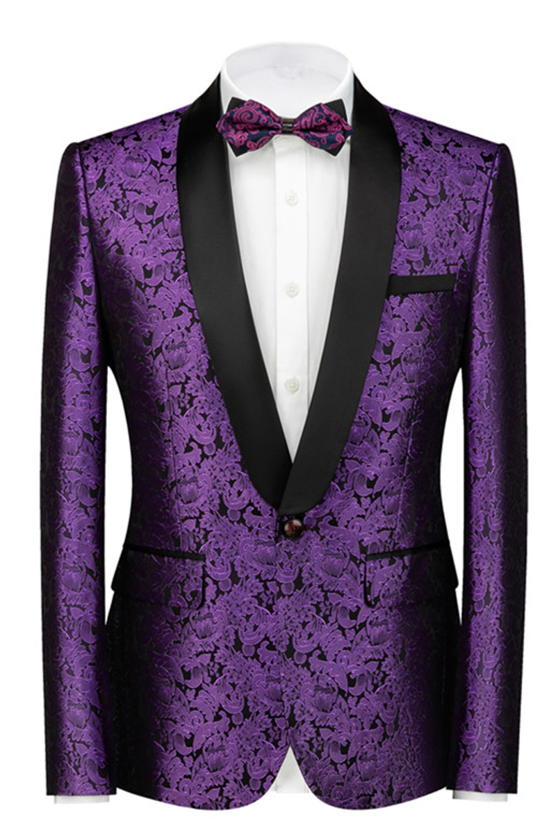 Joel Purple Jacquard Slim Fit Wedding Suit with Black Lapel