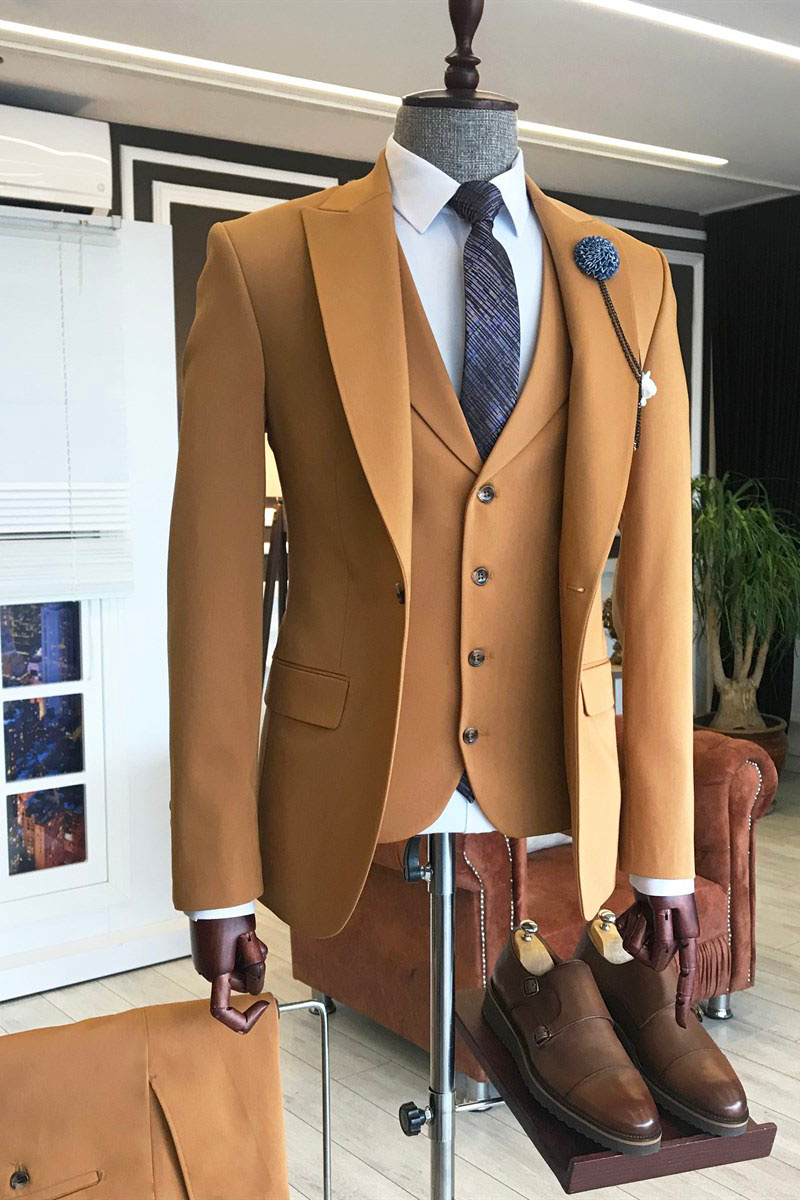 Fashion Brown Point Lapel Double Breasted Vest Business Suit