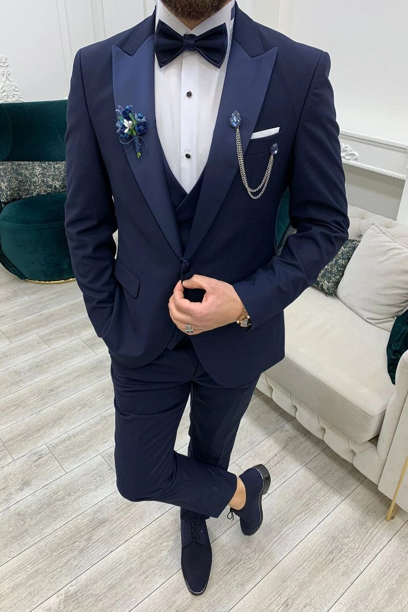 Perris Modern Navy Blue Slim Peak Collar Three-Piece Tuxedo