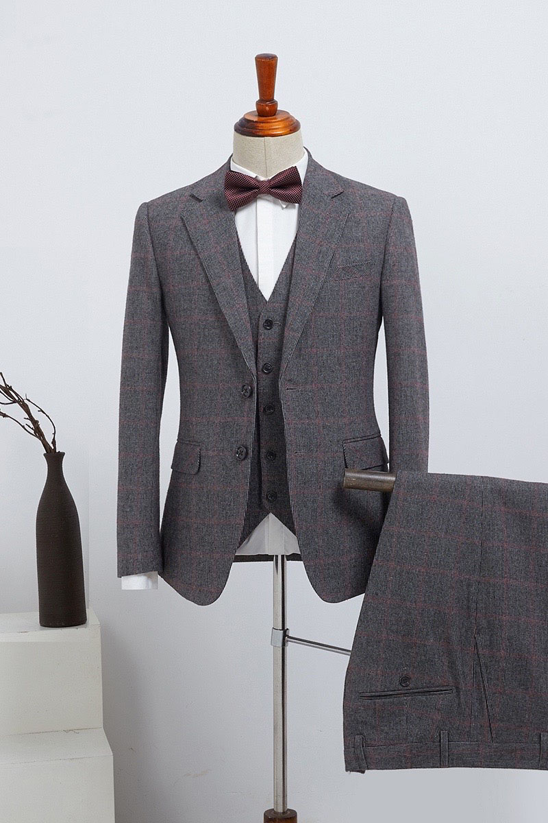 Baron Traditional Grey Plaid Notched Lapel Two Button Custom Business Suit