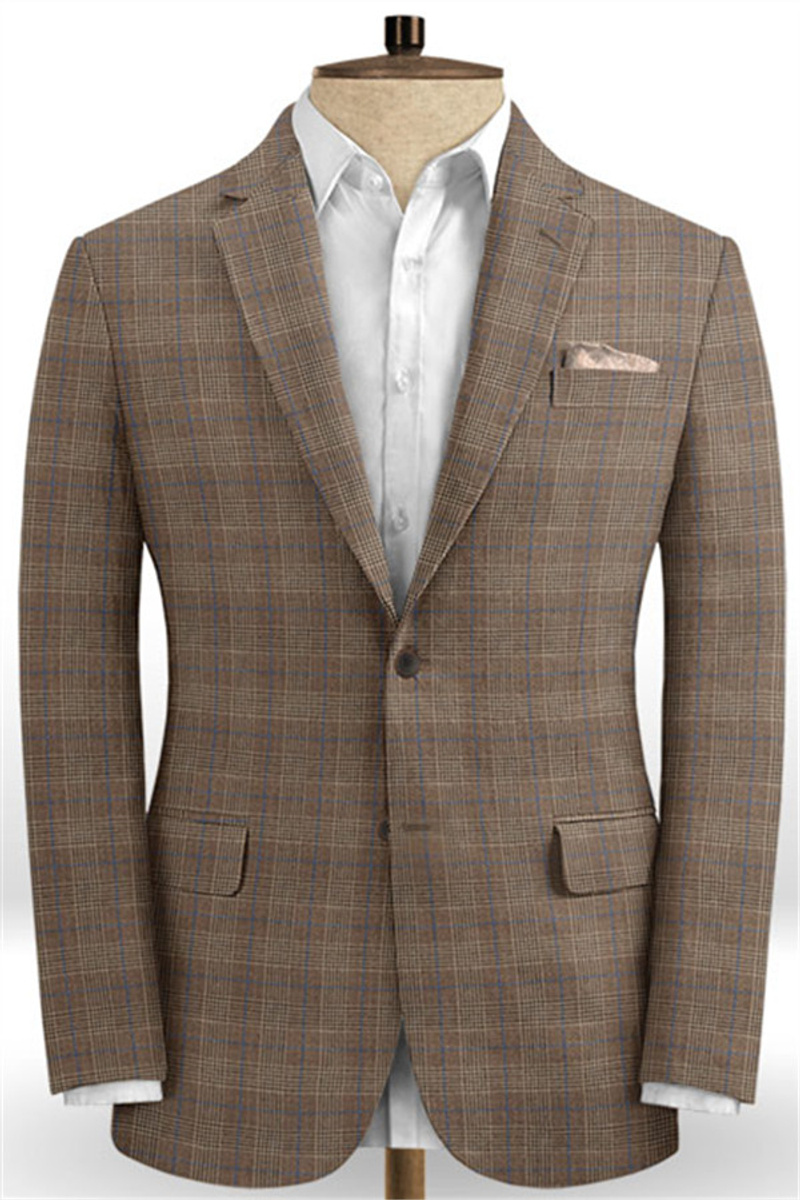 Brown Casual Two-Piece Suit Linen Plaid Slim Fit Tuxedo