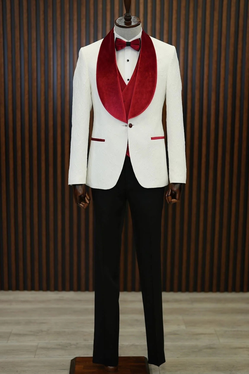 bella Red Velvet Shawl Lapel Jacquard Slim Fit Three-Piece Tuxedo